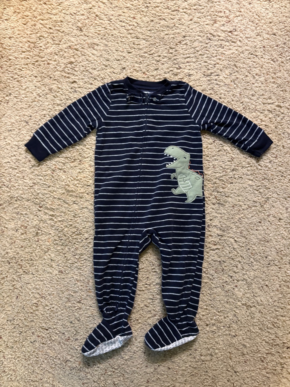 Carter's Navy & White Striped Dino Footed One-Piece